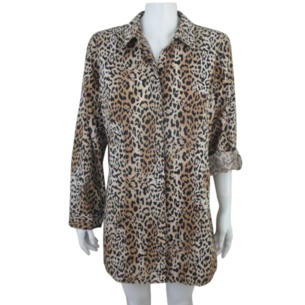 Chicos Leopard Print Tunic Shirt Roll Tab Sleeve No Iron